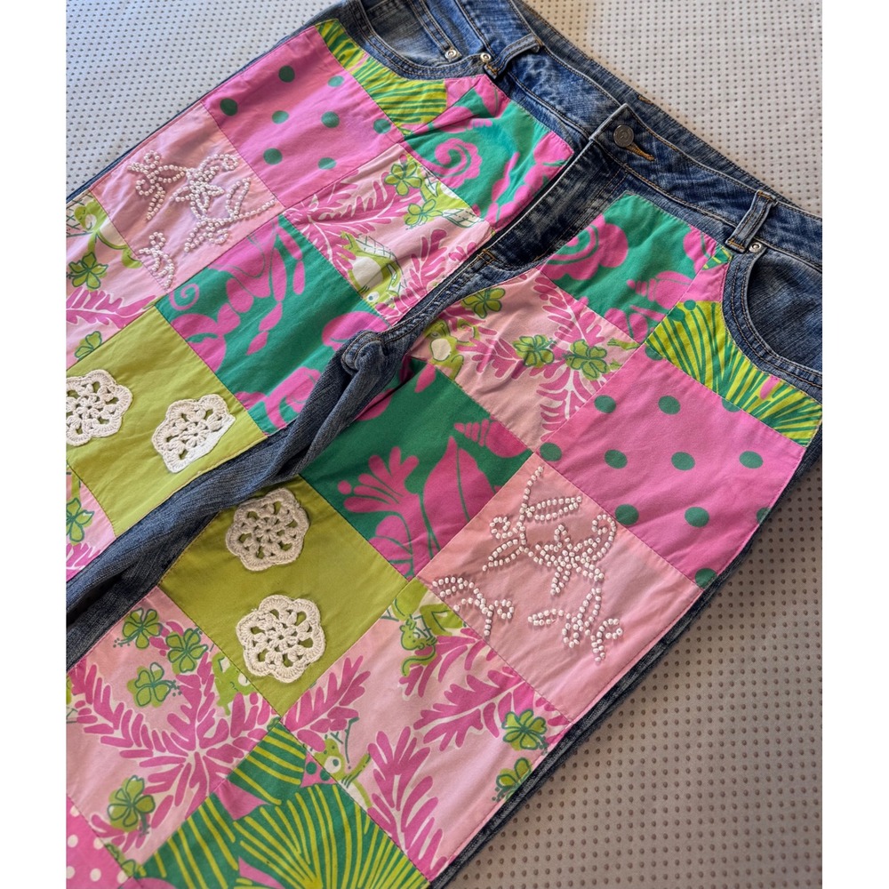 VTG RARE Lilly Pulitzer Patchwork Jeans Beaded Lace Floral Pink Green Womens 10